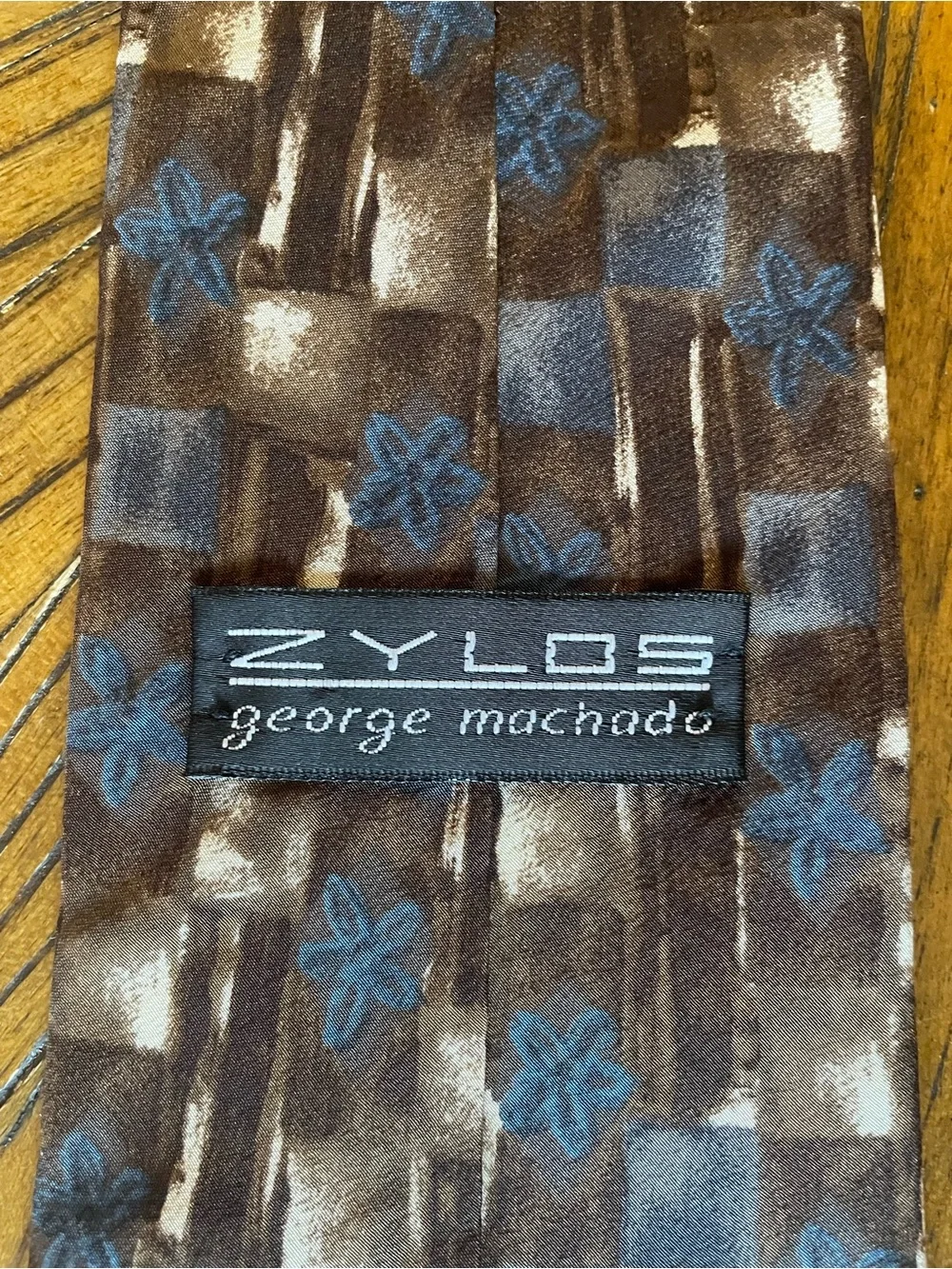 Zylos by George Machado Brown Silk Tie with Blue Floral and Geometric Pattern